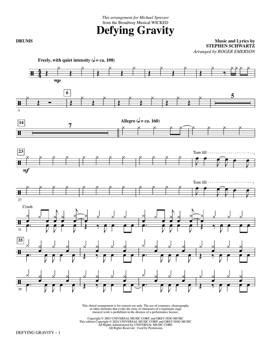 Defying Gravity (from Wicked) (arr. Roger Emerson) - Drums Choir scores gallery preview page 1