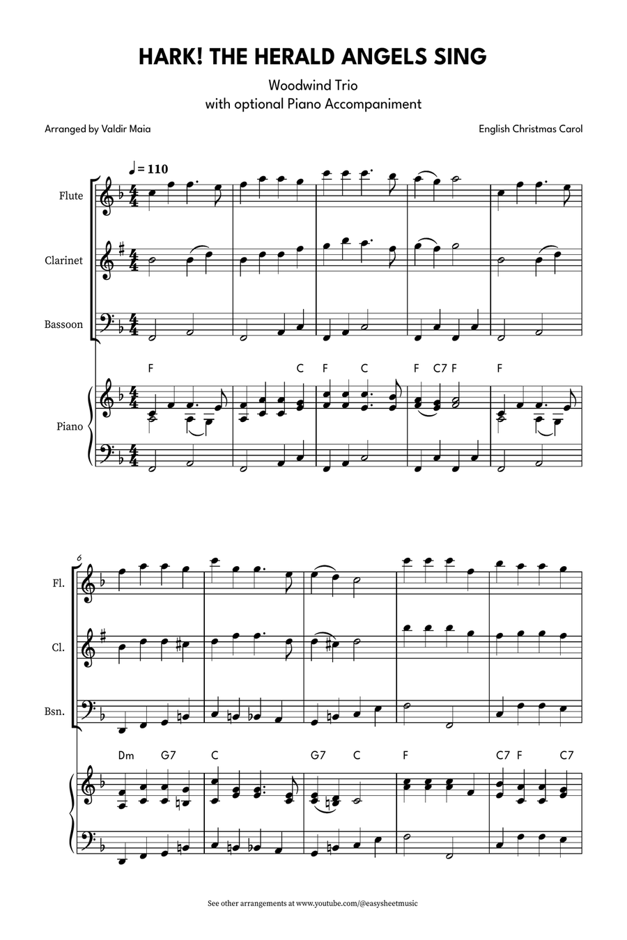 Hark! The Herald Angels Sing - Easy Trio for Flute, Clarinet, and Bassoon Woodwind Trio scores gallery preview page 1