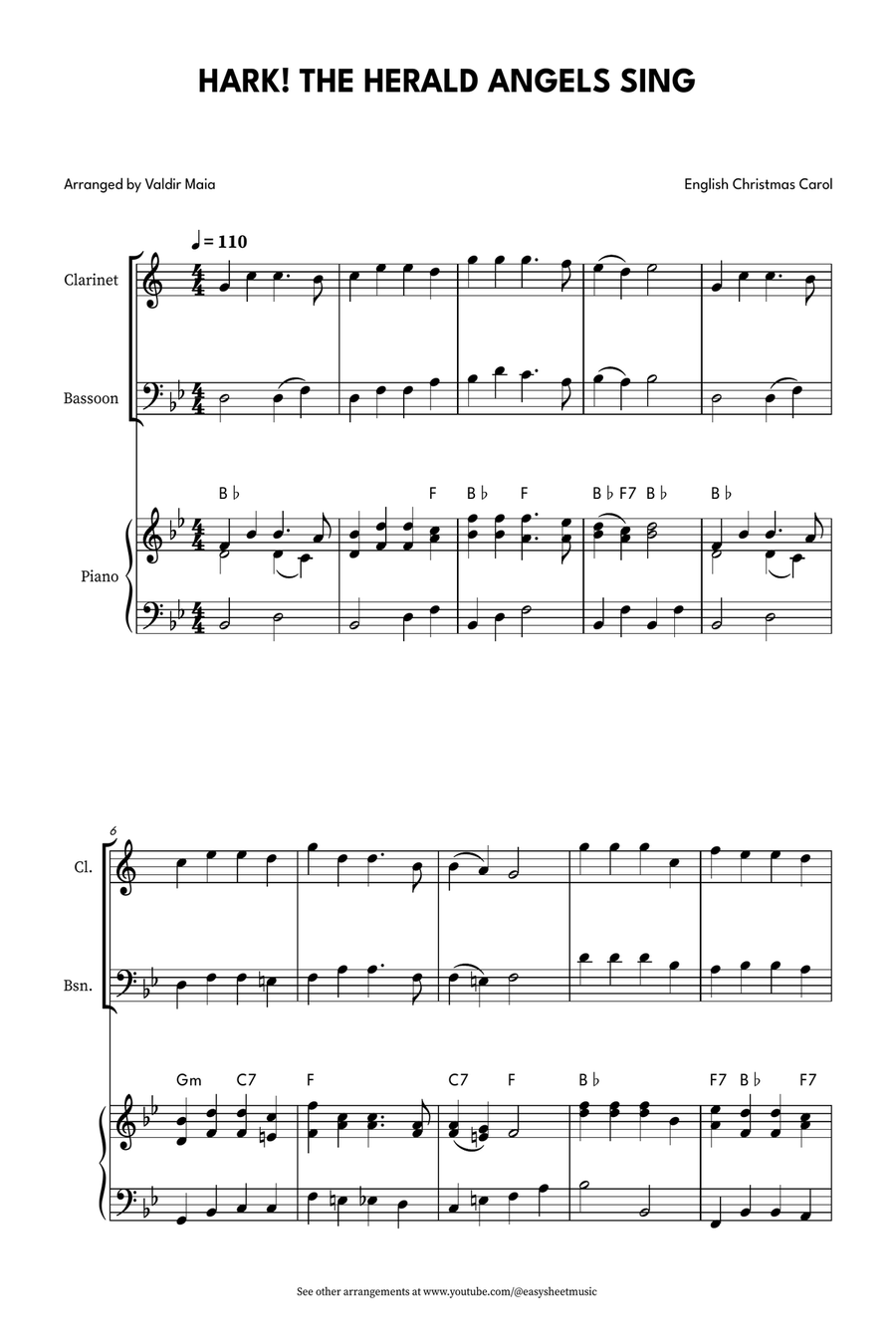 Hark! The Herald Angels Sing - Easy Clarinet and Bassoon Duet with Piano Accompaniment Woodwind Duet scores gallery preview page 1