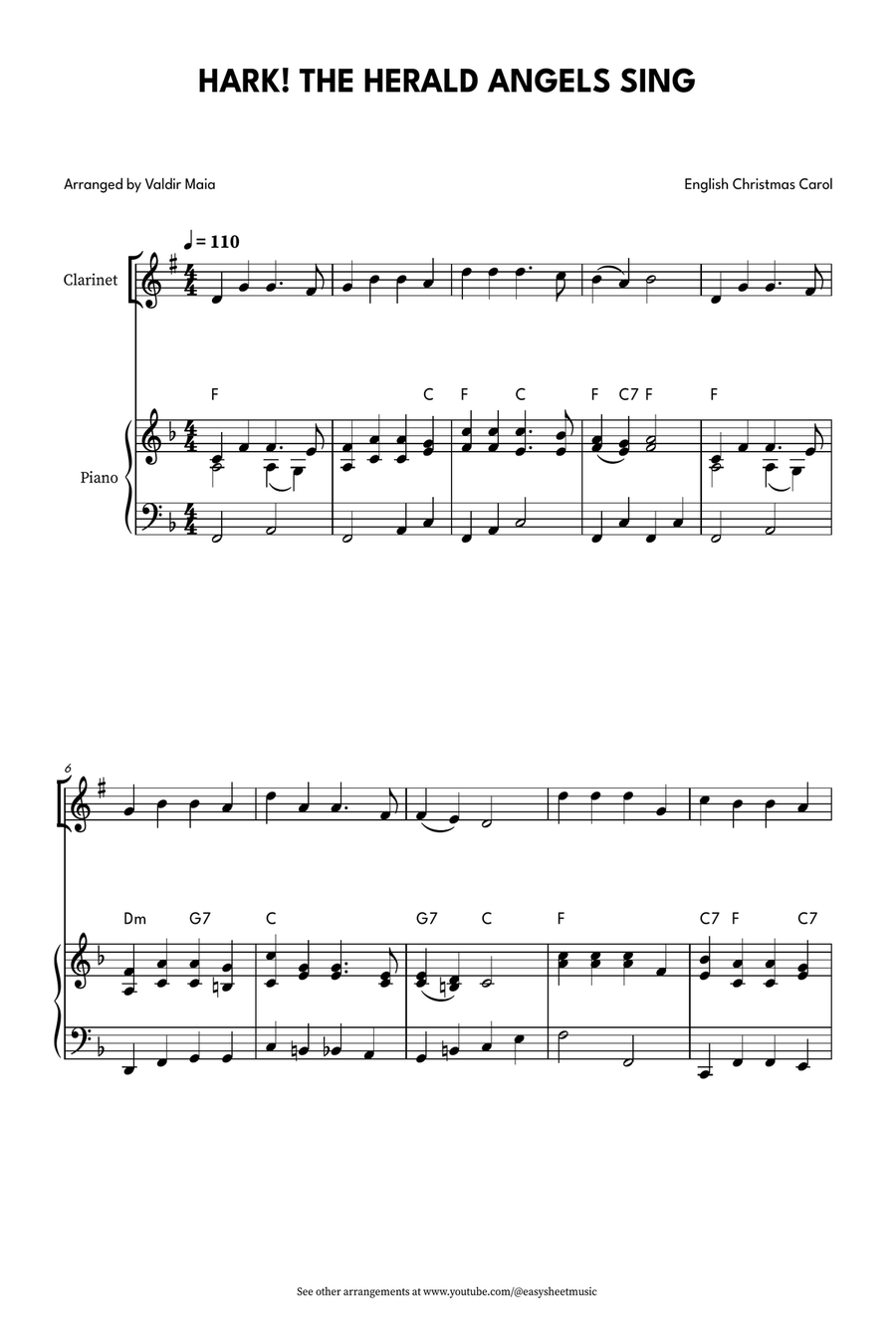 Hark! The Herald Angels Sing - Easy Clarinet Solo with Piano Accompaniment Clarinet Solo scores gallery preview page 1