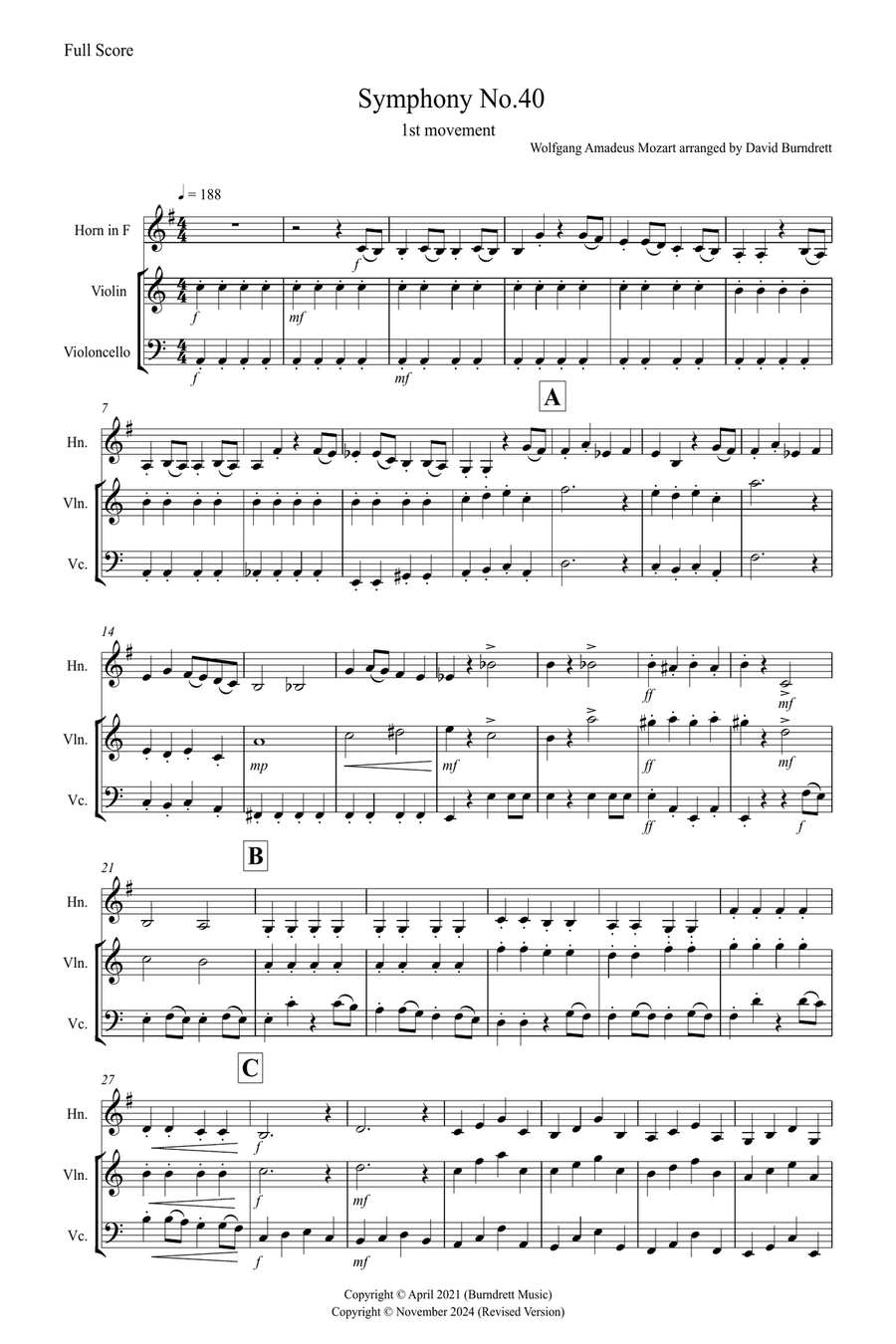 Symphony No.40 (1st movement) for Horn, Violin and Cello Trio Small Ensemble scores gallery preview page 1