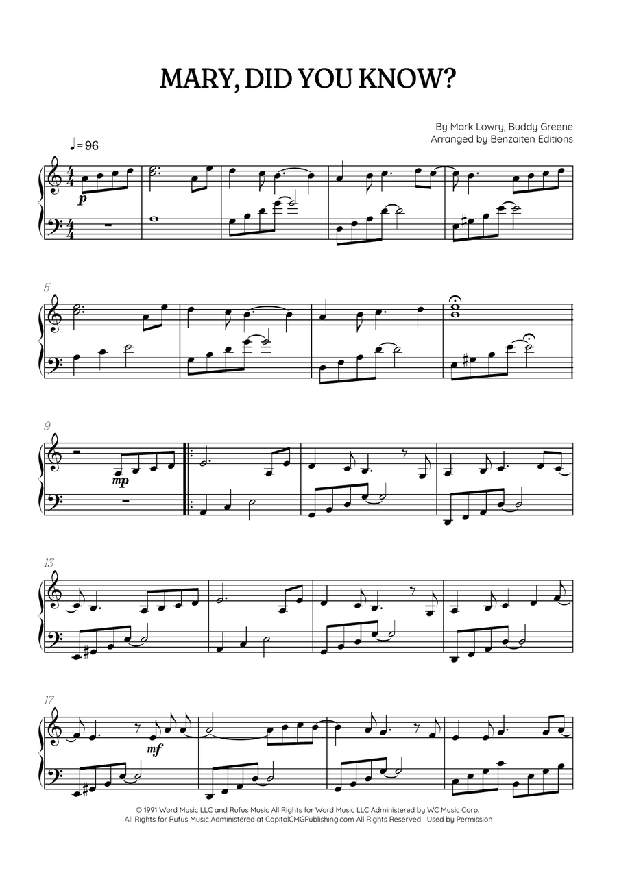 Mary, Did You Know? Easy Piano scores gallery preview page 1
