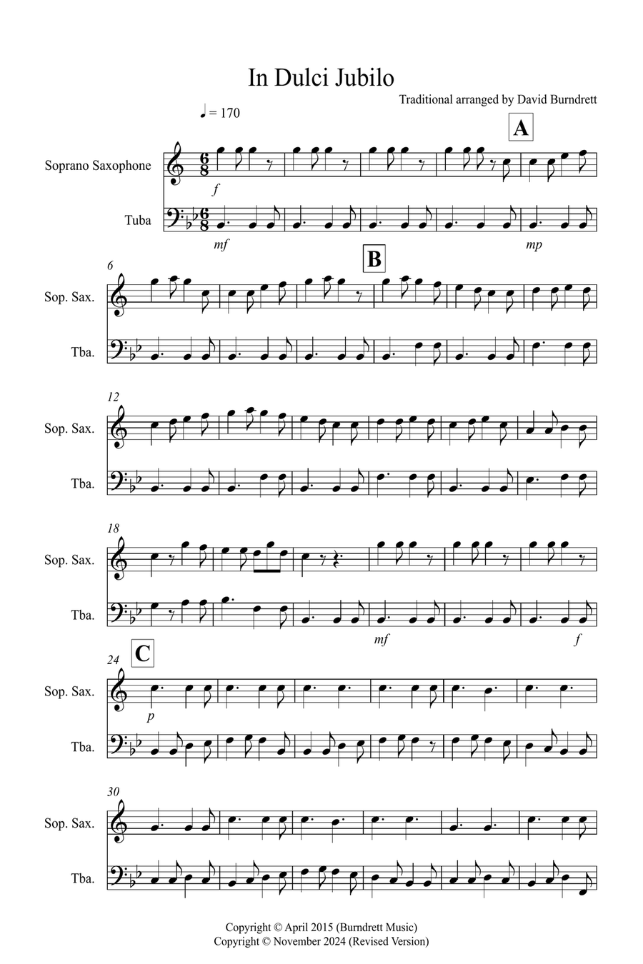 In Dulci Jubilo for Soprano Saxophone and Tuba Duet Soprano Saxophone scores gallery preview page 1