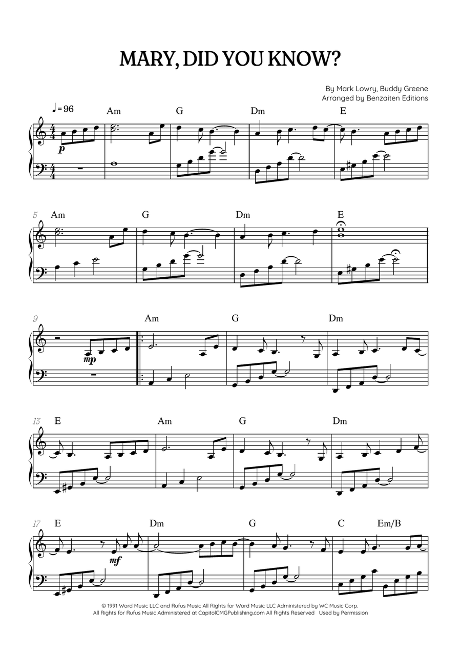 Mary, Did You Know? Easy Piano scores gallery preview page 1