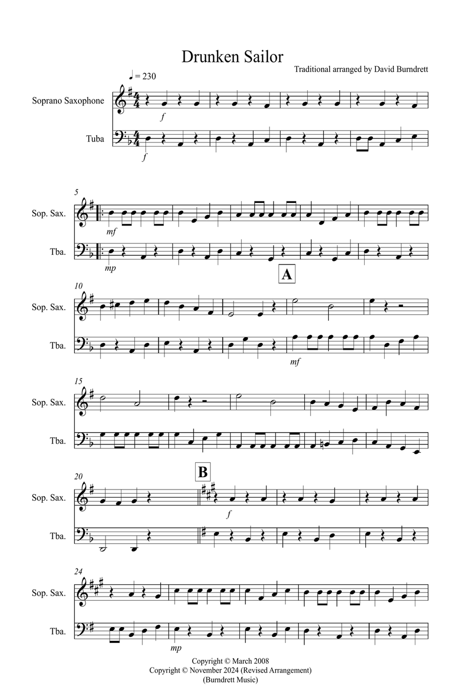 Drunken Sailor for Soprano Saxophone and Tuba Duet Soprano Saxophone scores gallery preview page 1