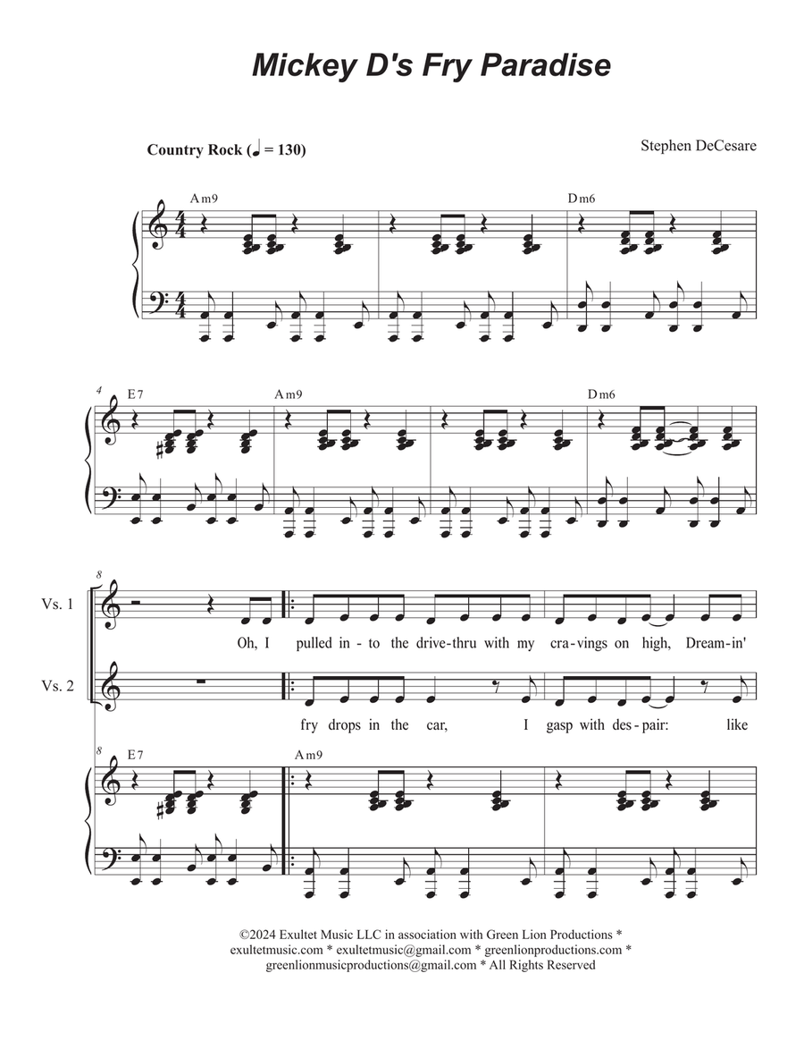 Mickey D's Fry Paradise (Unison choir) Unison Choir scores gallery preview page 1