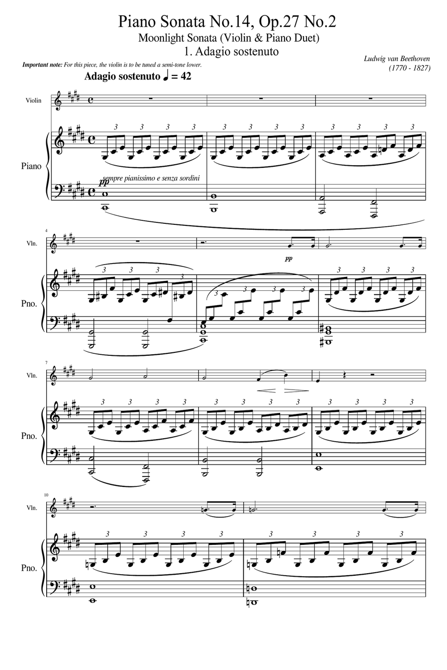 Beethoven - Piano Sonata No.14, Op.27 No.2 - Mov 1 - Moonlight Sonata (Violin & Piano Duet) Original Violin Solo scores gallery preview page 1