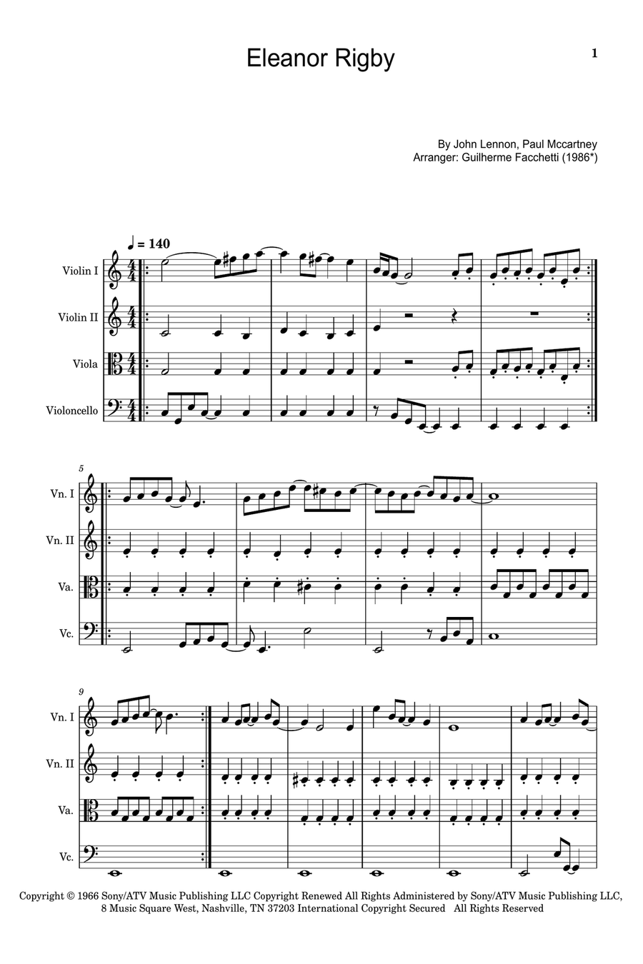 Eleanor Rigby String Quartet scores gallery preview page 1