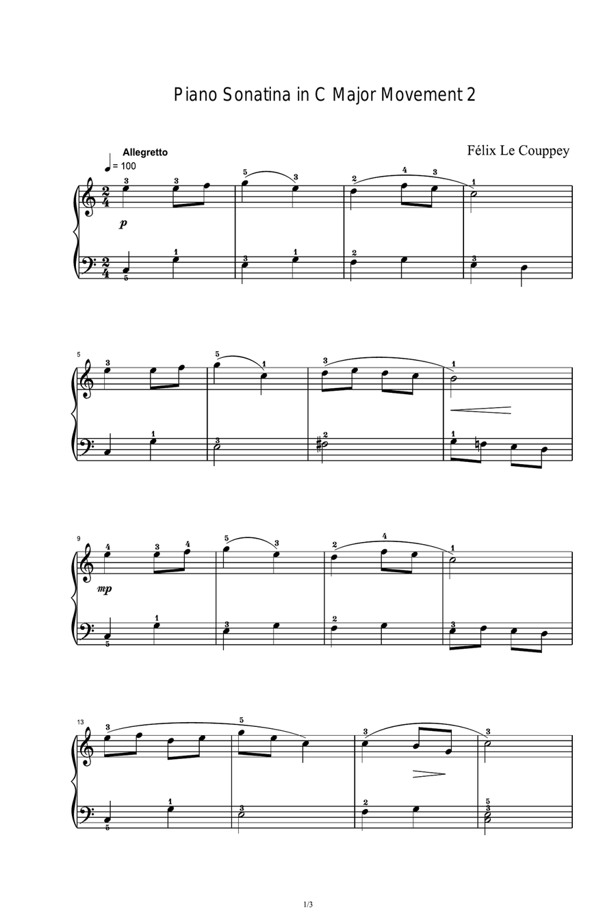 Piano Sonatina in C Major Movement 2-Félix Le Couppey Piano Solo scores gallery preview page 1