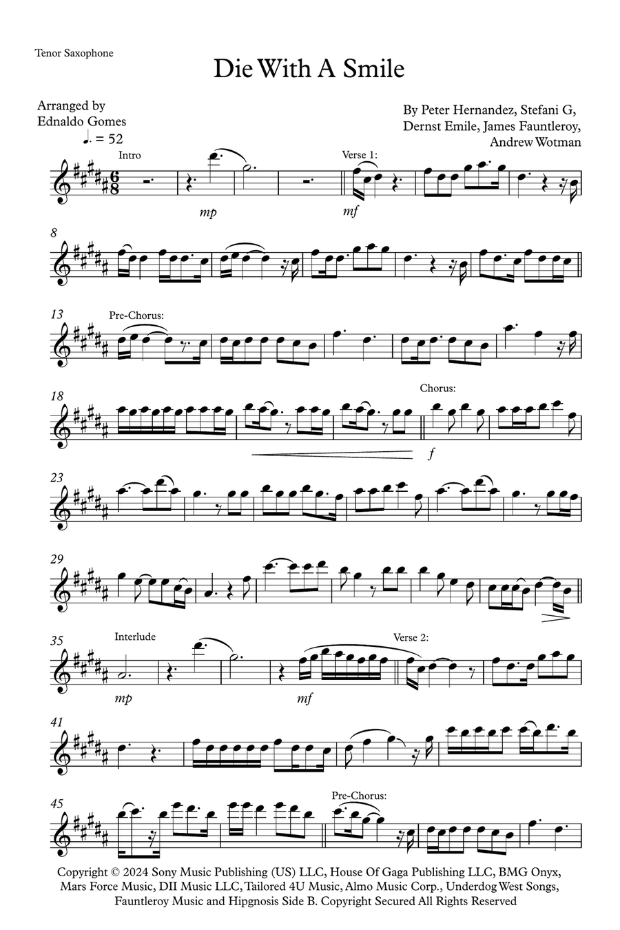 Die With A Smile Die With A Smile Tenor Saxophone scores gallery preview page 1