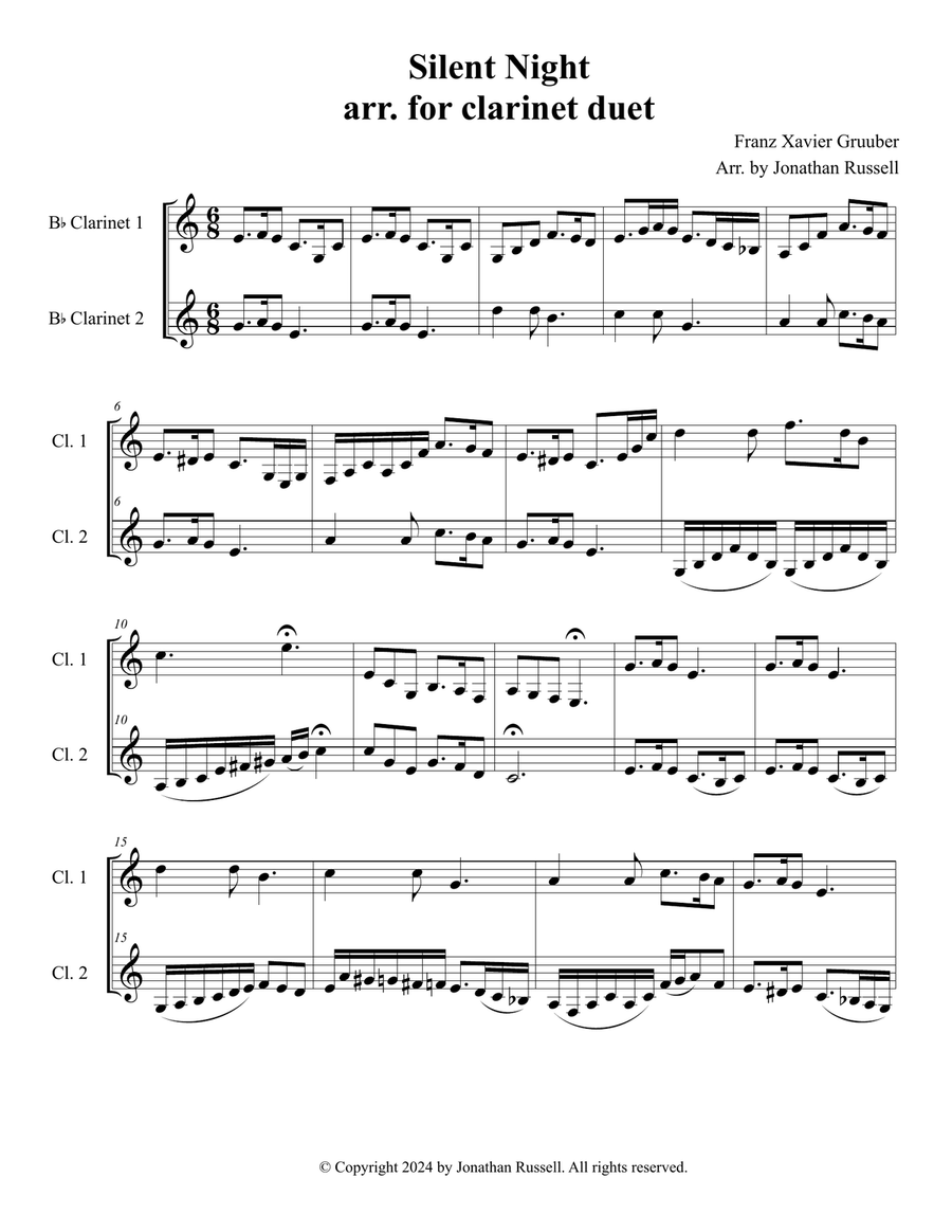 Silent Night arranged for clarinet duet Clarinet Duet scores gallery preview page 1