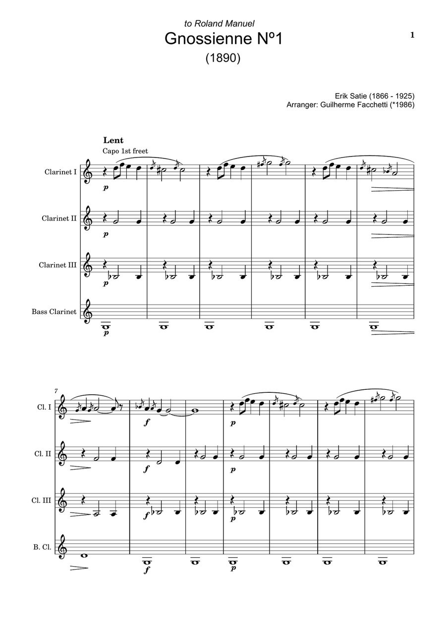 Gnossiennes Nº1, 2, 3 - Arranged for Clarinet Quartet. Score and Parts. Clarinet Quartet scores gallery preview page 1