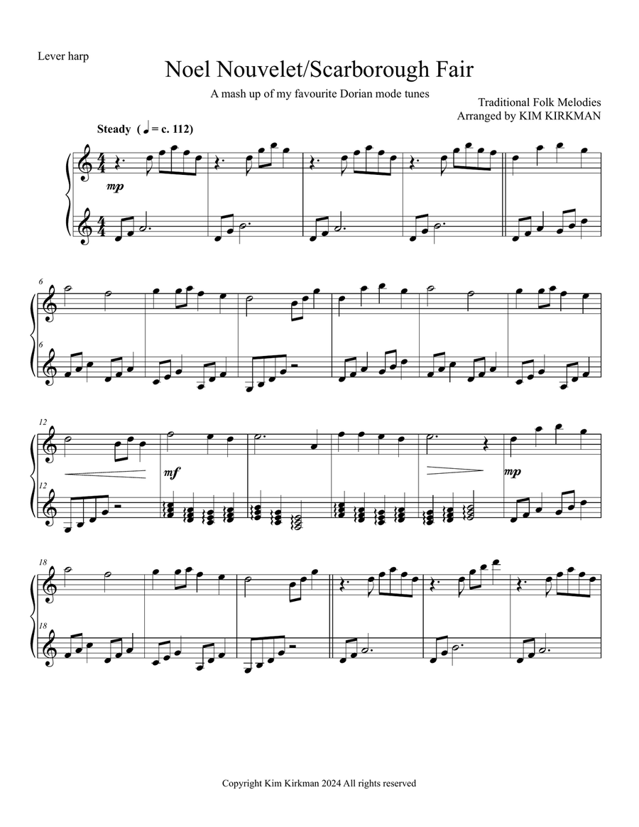 Noel Nouvelet and Scarborough Fair mash up for lever harp (NO LEVERS REQUIRED) Celtic Harp scores gallery preview page 1
