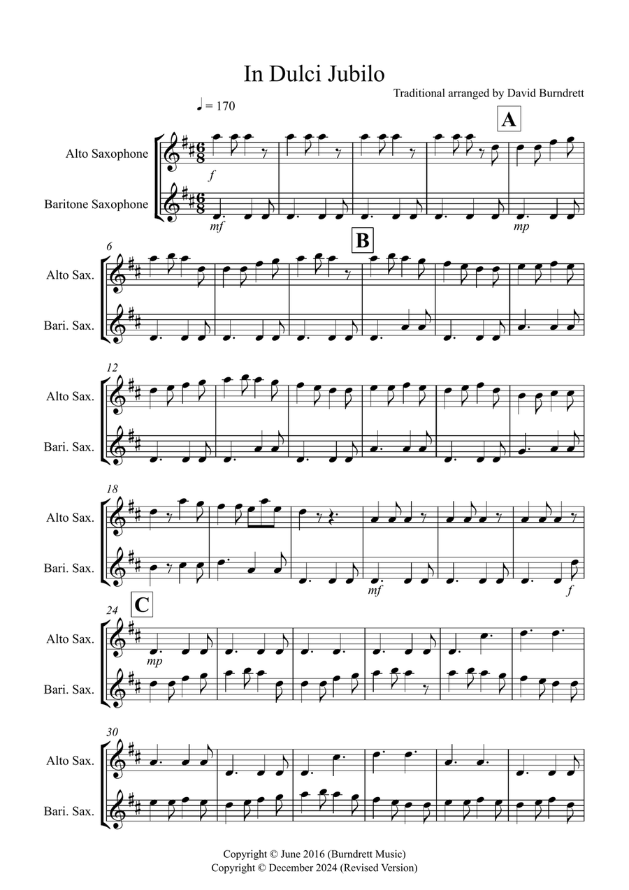 In Dulci Jubilo for Alto and Baritone Saxophone Duet Woodwind Duet scores gallery preview page 1