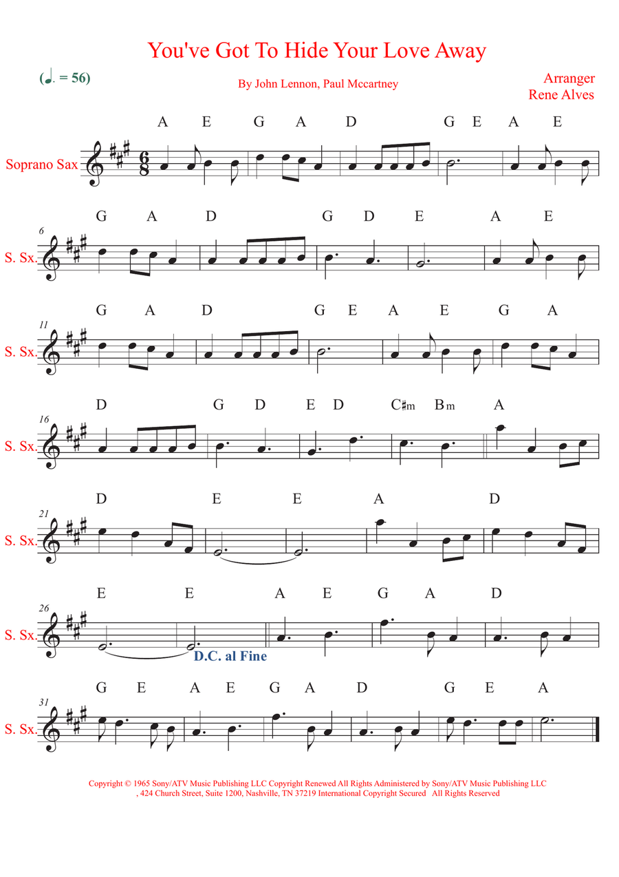 You've Got To Hide Your Love Away Soprano Saxophone scores gallery preview page 1