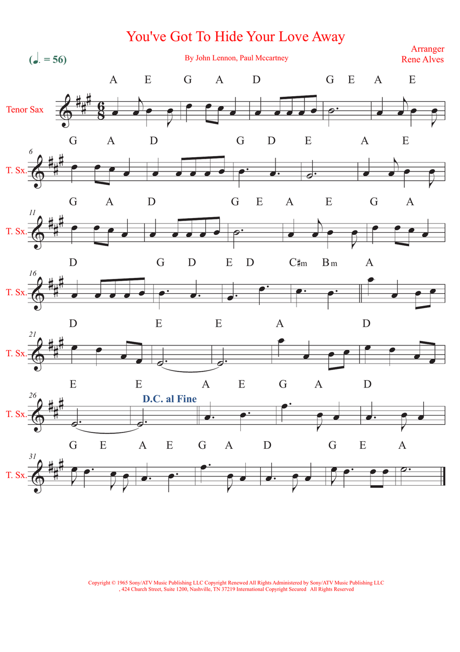 You've Got To Hide Your Love Away Tenor Saxophone scores gallery preview page 1