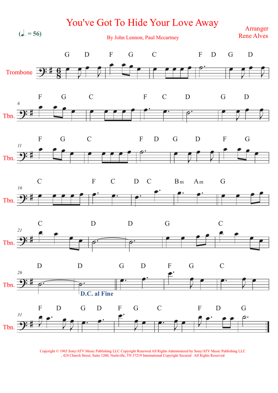 You've Got To Hide Your Love Away Trombone Solo scores gallery preview page 1