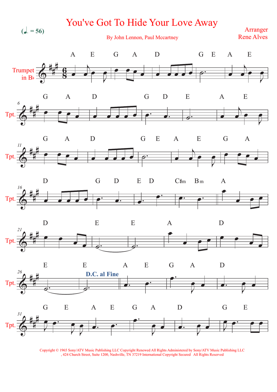 You've Got To Hide Your Love Away B-Flat Trumpet scores gallery preview page 1