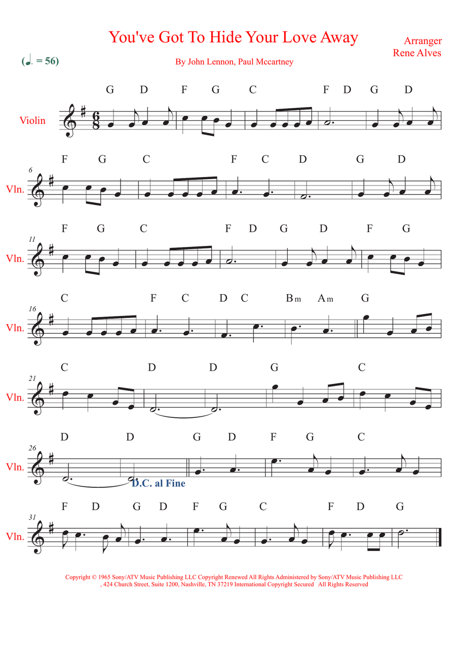 You've Got To Hide Your Love Away Violin Solo scores gallery preview page 1