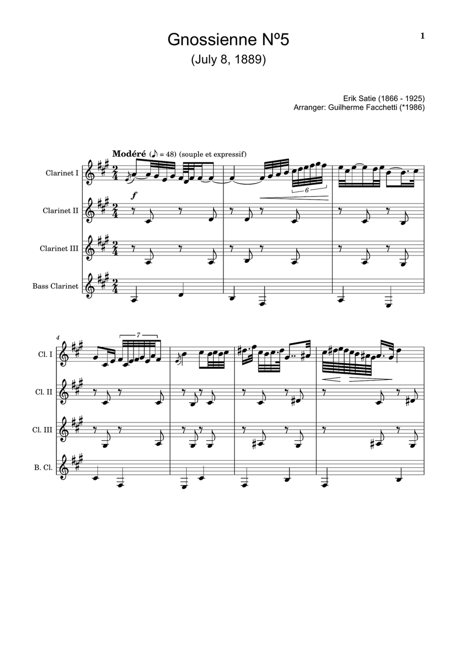 Gnossienne Nº5 - Arranged for Clarinet Quartet. Score and Parts. Clarinet Quartet scores gallery preview page 1