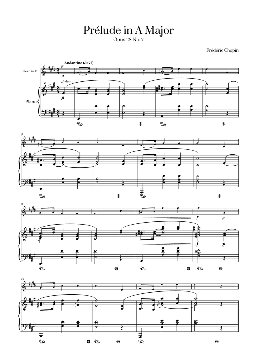 Chopin - Prelude in A Major Op. 28 No. 7 for French Horn and Piano Piano scores gallery preview page 1