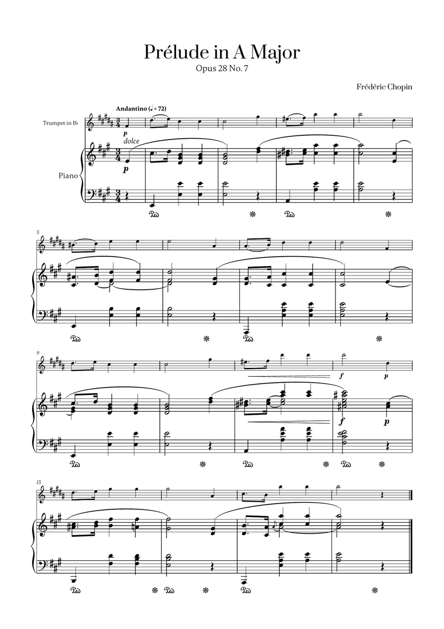Chopin - Prelude in A Major Op. 28 No. 7 for Trumpet in Bb and Piano B-Flat Trumpet scores gallery preview page 1
