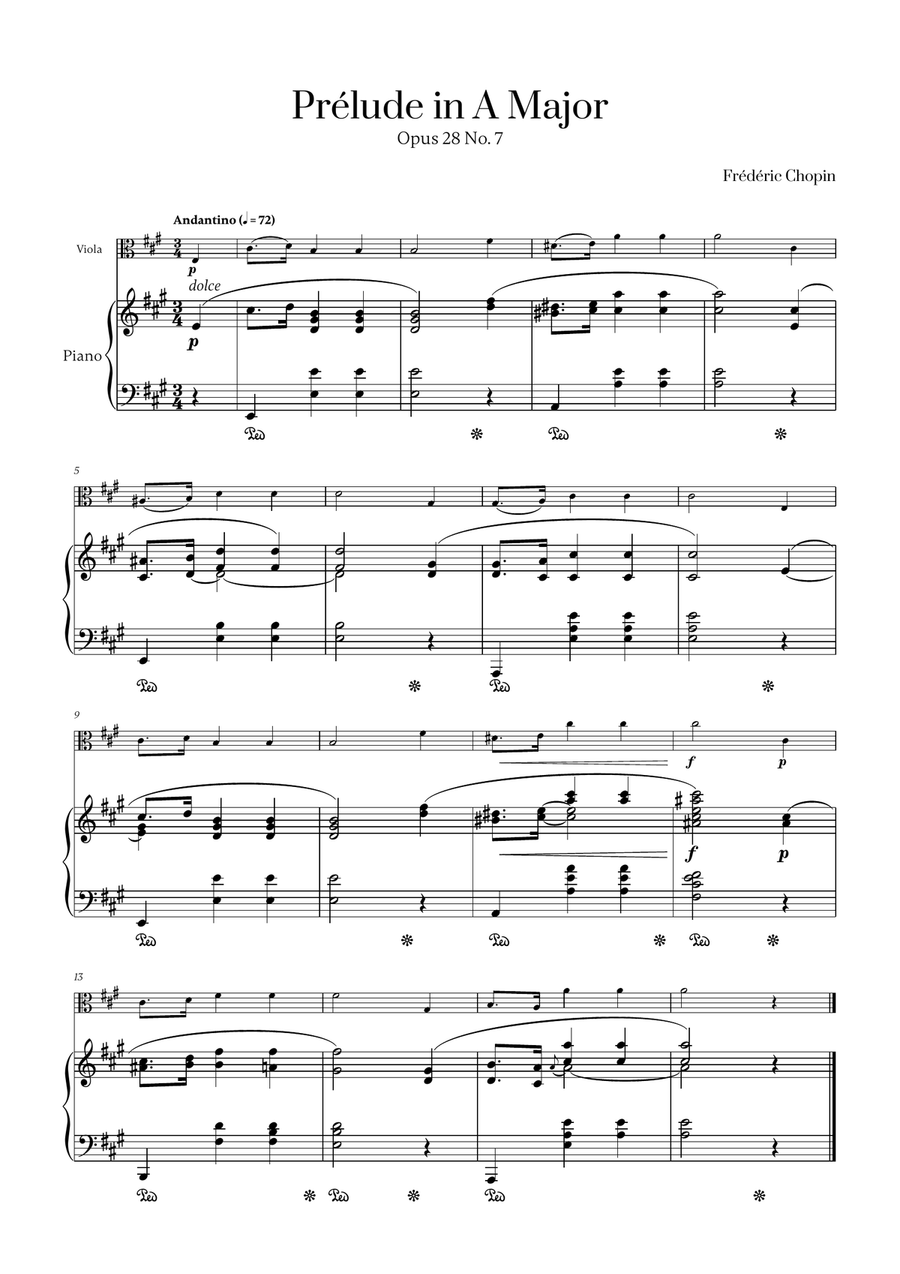 Chopin - Prelude in A Major Op. 28 No. 7 for Viola and Piano Piano scores gallery preview page 1