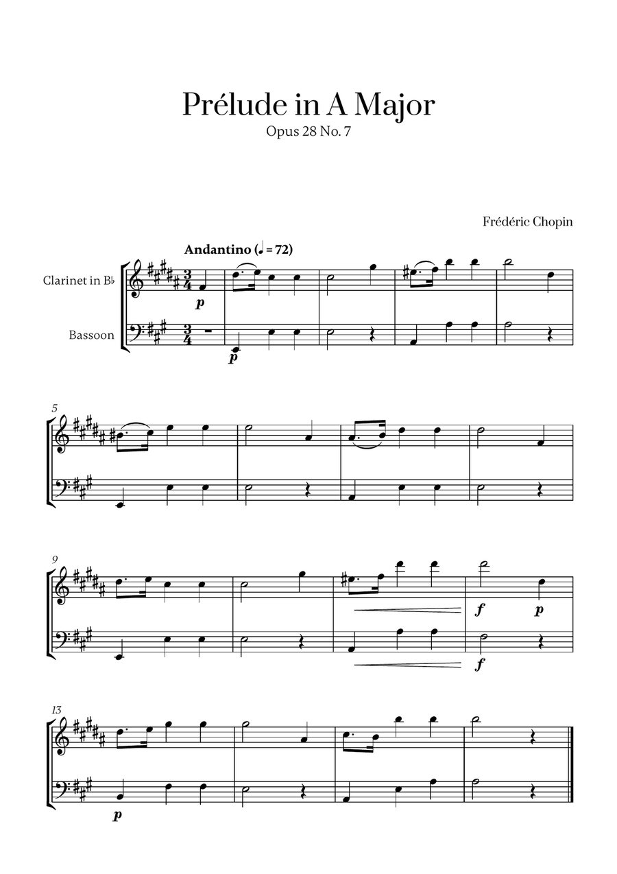 Chopin - Prelude in A Major Op. 28 No. 7 for Clarinet and Bassoon Woodwind Duet scores gallery preview page 1
