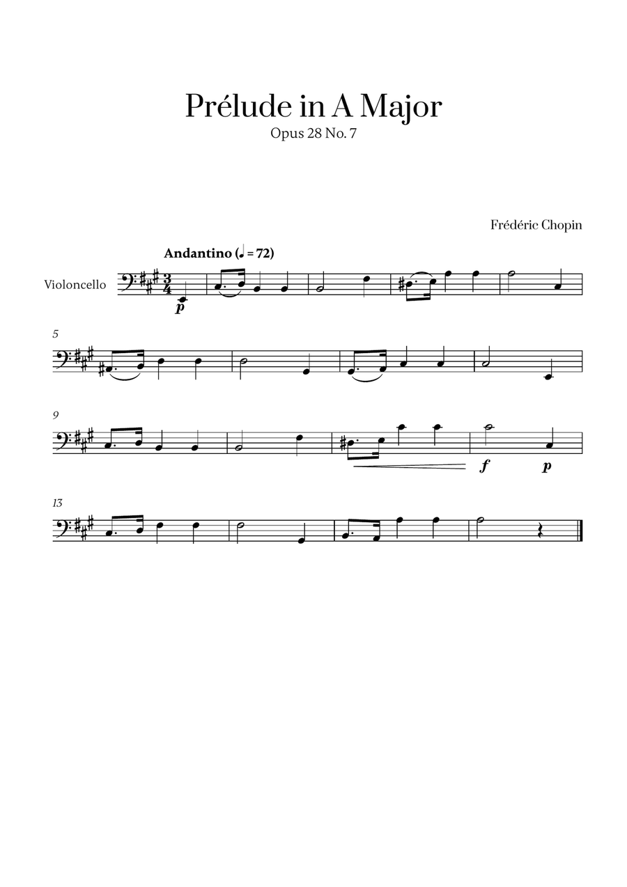 Chopin - Prelude in A Major Op. 28 No. 7 for Cello Solo Cello Solo scores gallery preview page 1