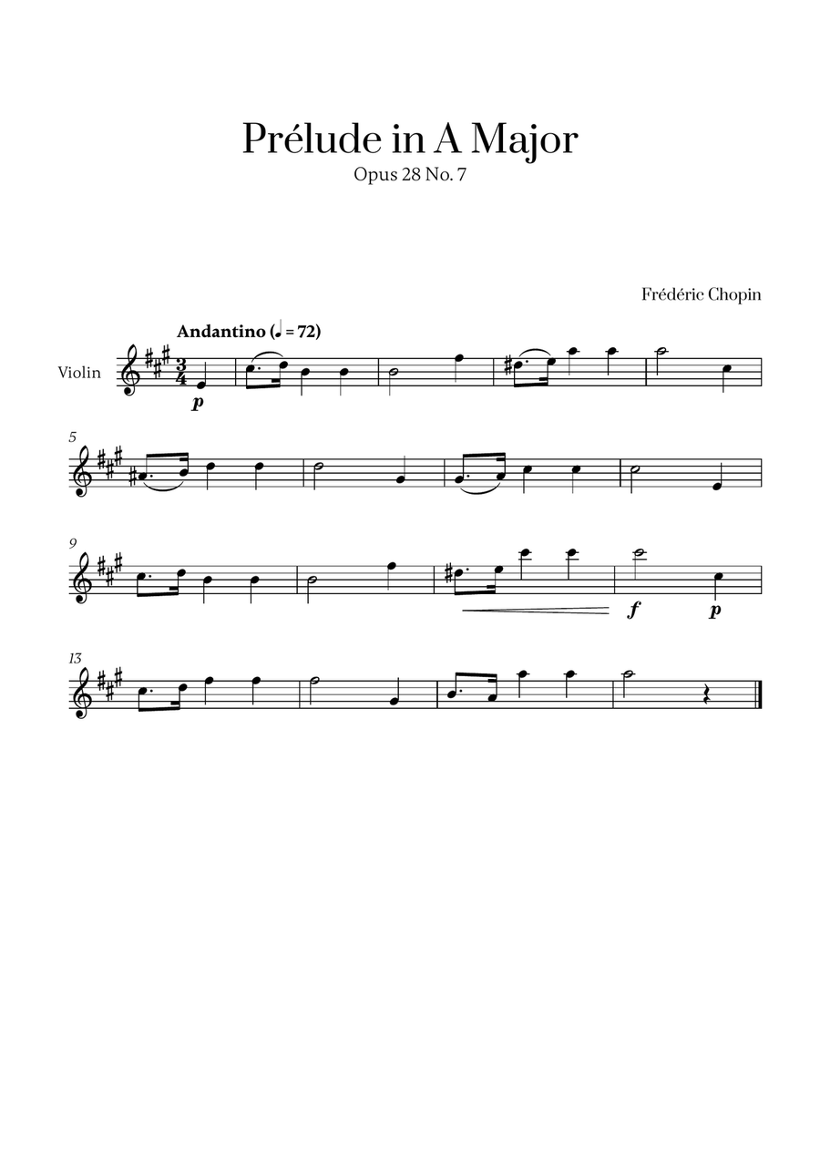 Chopin - Prelude in A Major Op. 28 No. 7 for Violin Solo Violin Solo scores gallery preview page 1