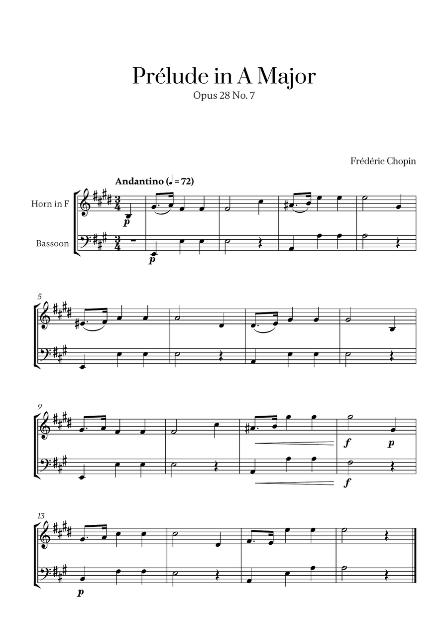 Chopin - Prelude in A Major Op. 28 No. 7 for French Horn and Bassoon Woodwind Duet scores gallery preview page 1