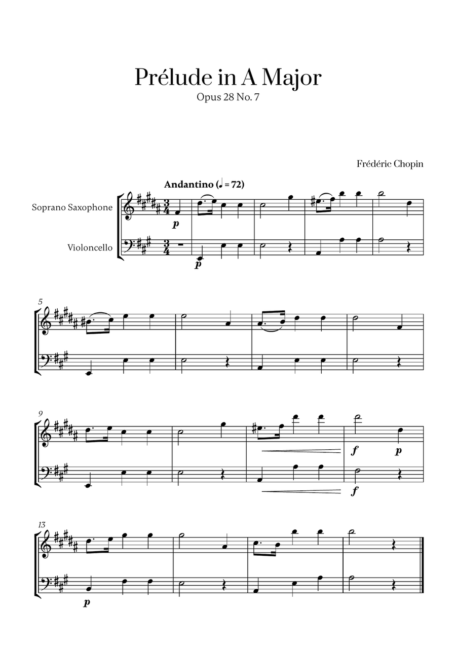 Chopin - Prelude in A Major Op. 28 No. 7 for Soprano Saxophone and Cello Soprano Saxophone scores gallery preview page 1