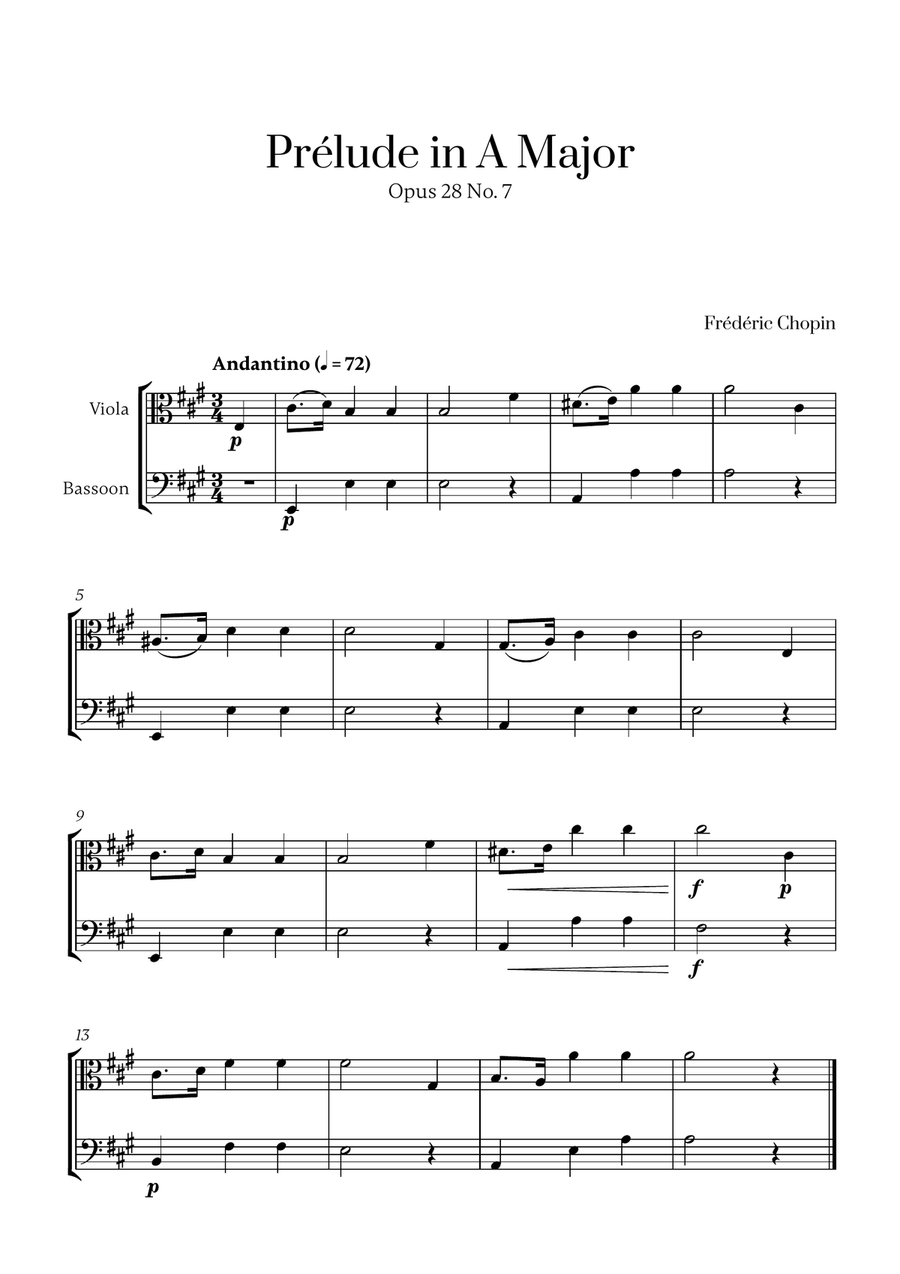 Chopin - Prelude in A Major Op. 28 No. 7 for Viola and Bassoon Bassoon scores gallery preview page 1