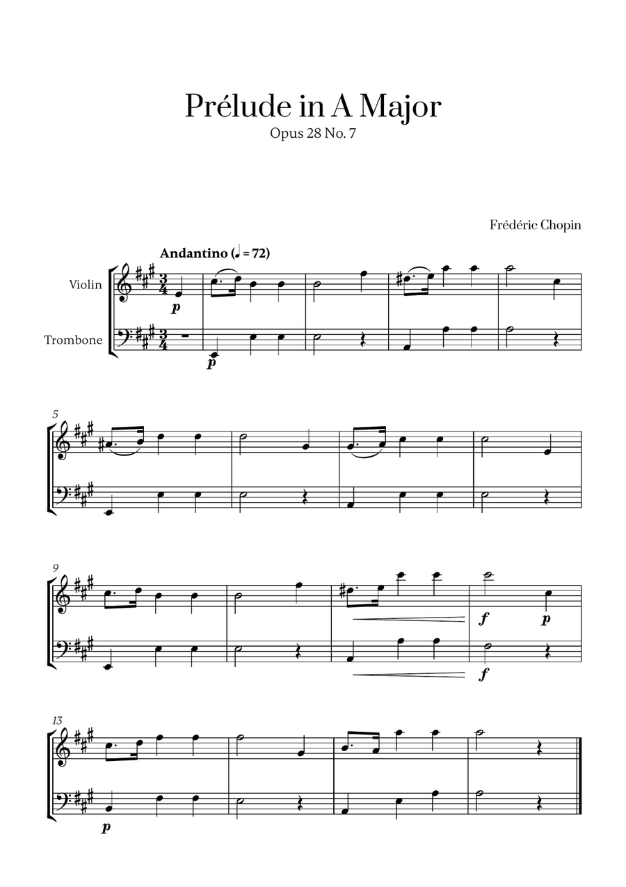 Chopin - Prelude in A Major Op. 28 No. 7 for Violin and Trombone Trombone scores gallery preview page 1