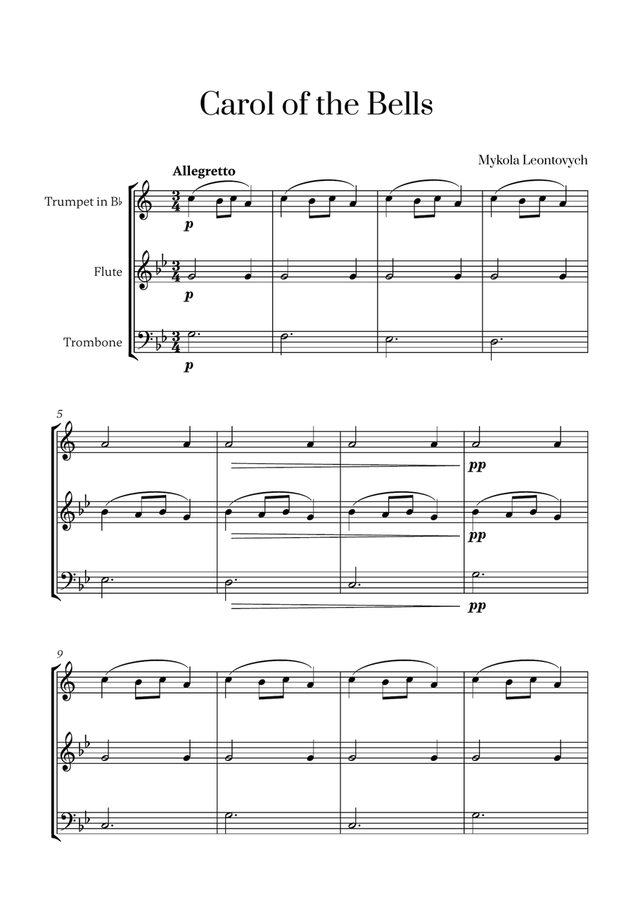 Mykola Leontovych - Carol of the Bells (for Trumpet, Flute and Trombone) Small Ensemble scores gallery preview page 1