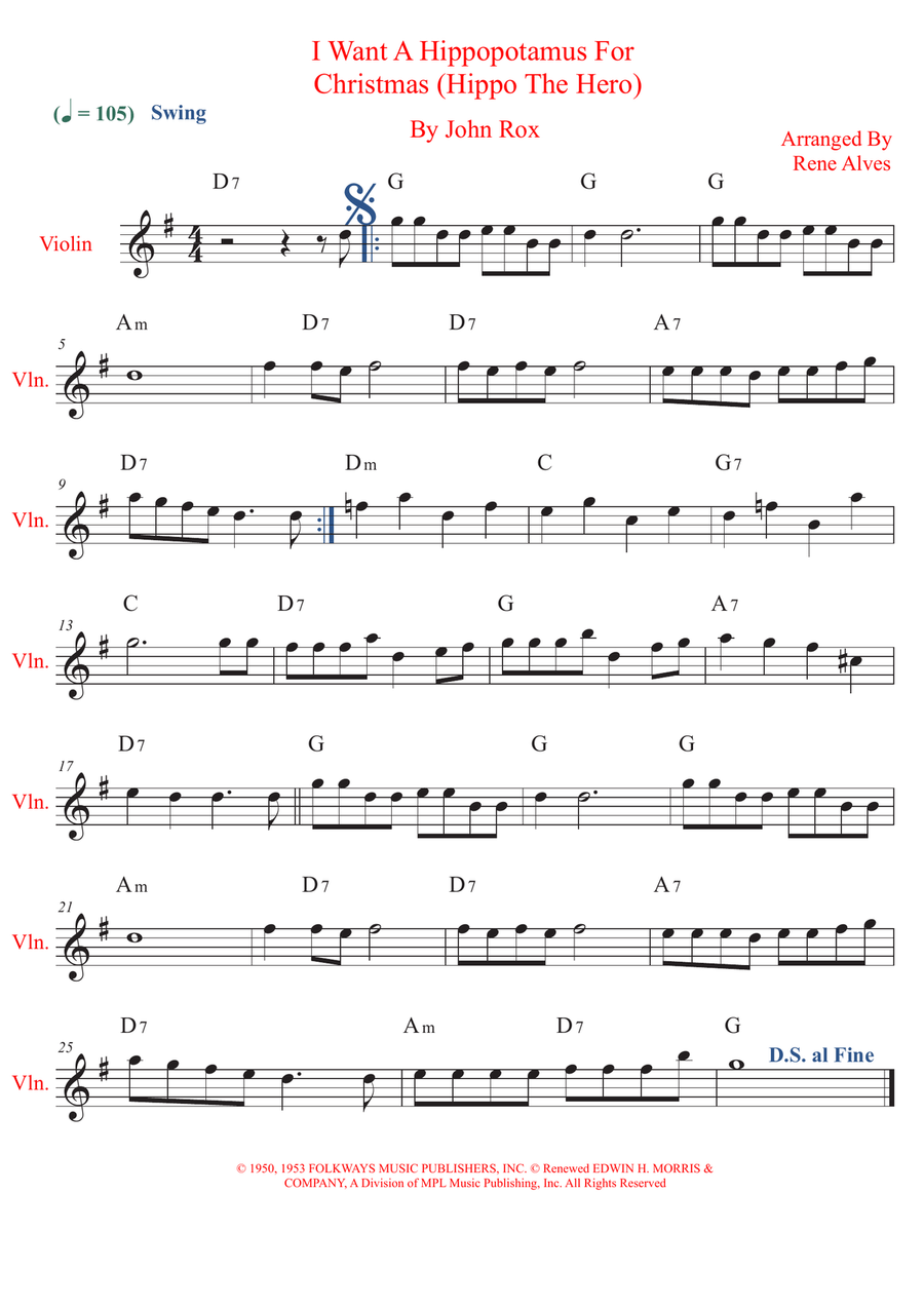 I Want A Hippopotamus For Christmas (Hippo The Hero) Violin Solo scores gallery preview page 1