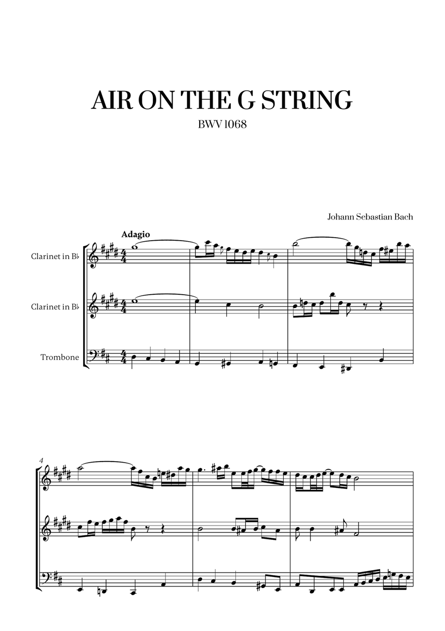 Johann Sebastian Bach - Air on the G String (for 2 Clarinets and Trombone) Small Ensemble scores gallery preview page 1