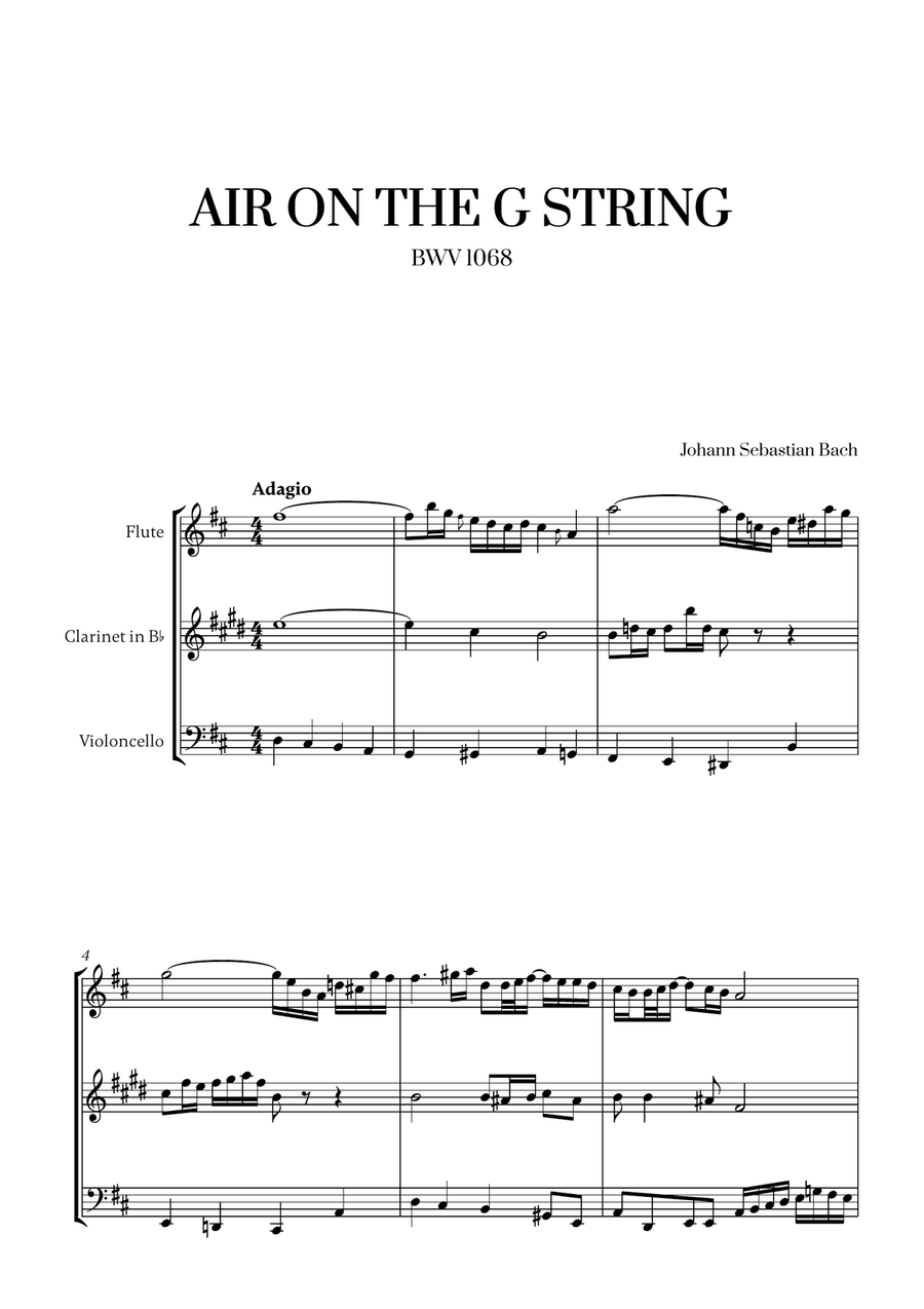 Johann Sebastian Bach - Air on the G String (for Flute, Clarinet and Cello) Small Ensemble scores gallery preview page 1
