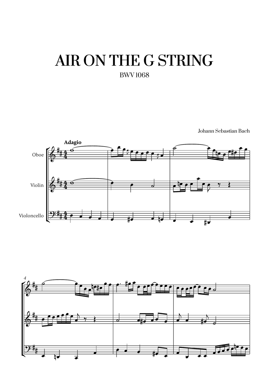 Johann Sebastian Bach - Air on the G String (for Oboe, Violin and Cello) Small Ensemble scores gallery preview page 1