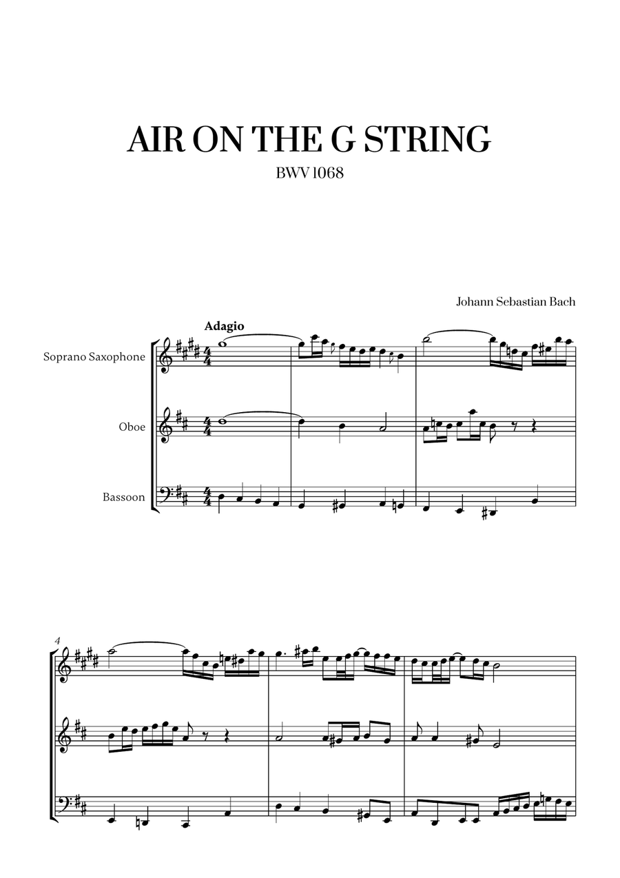 Johann Sebastian Bach - Air on the G String (for Soprano Saxophone, Oboe and Bassoon) Small Ensemble scores gallery preview page 1