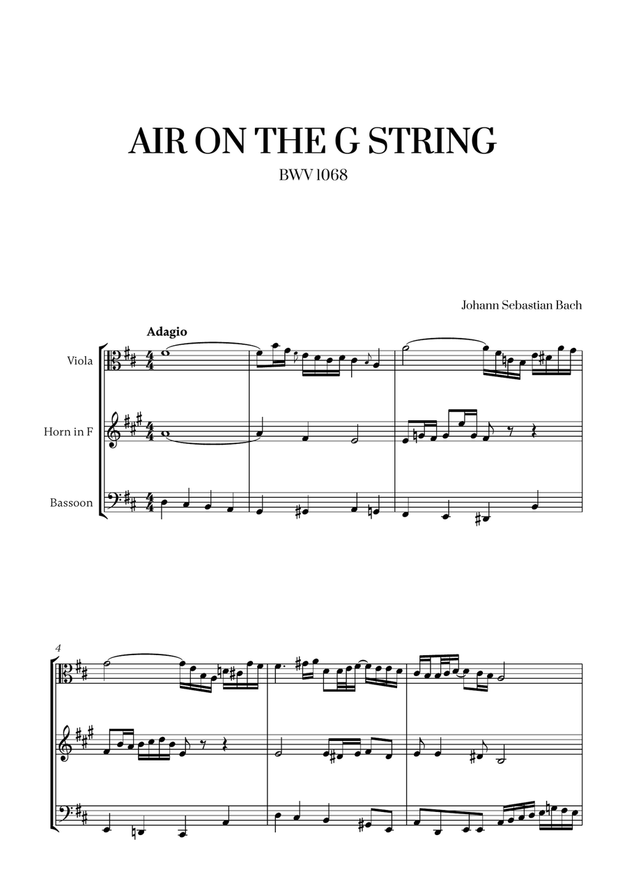 Johann Sebastian Bach - Air on the G String (for Viola, French Horn and Bassoon) Small Ensemble scores gallery preview page 1
