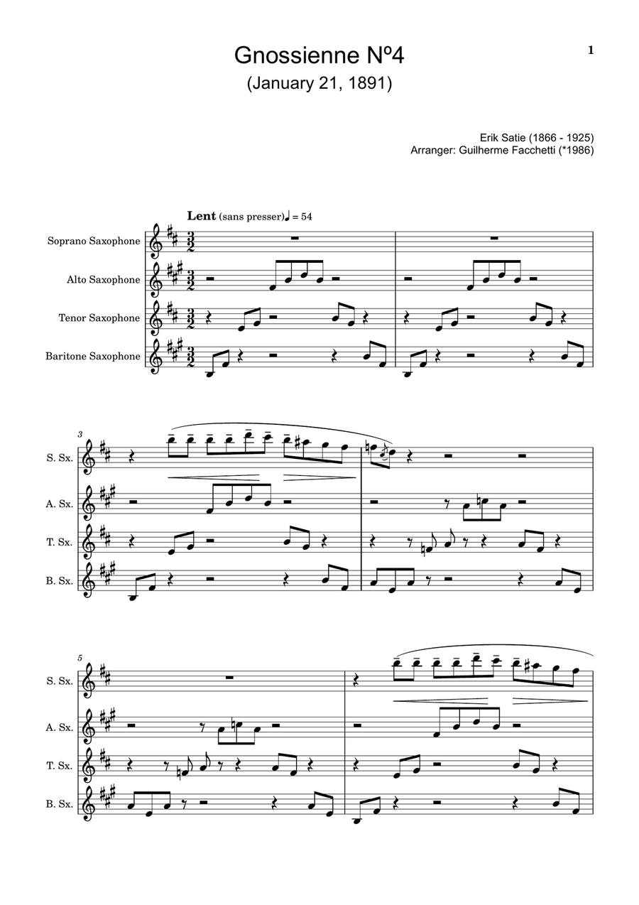Gnossiennes Nº4, 5, 6 - Arranged for Saxophone Quartet. Score and Parts. Saxophone Quartet scores gallery preview page 1