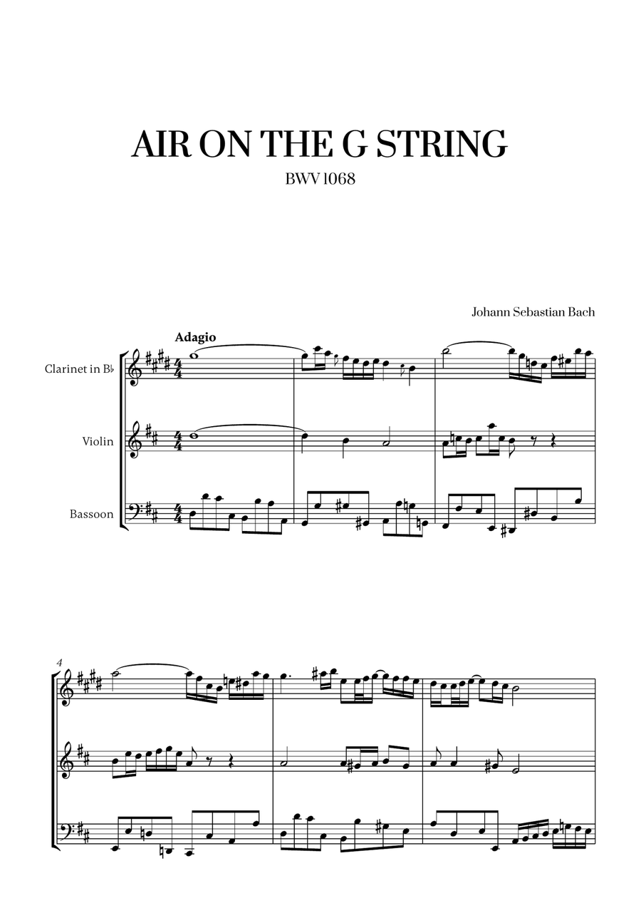 Johann Sebastian Bach - Air on the G String 2 (for Clarinet, Violin and Bassoon) Small Ensemble scores gallery preview page 1