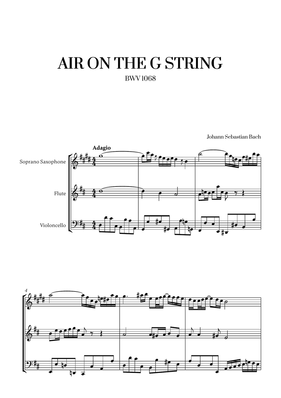 Johann Sebastian Bach - Air on the G String 2 (for Soprano Saxophone, Flute and Cello) Small Ensemble scores gallery preview page 1