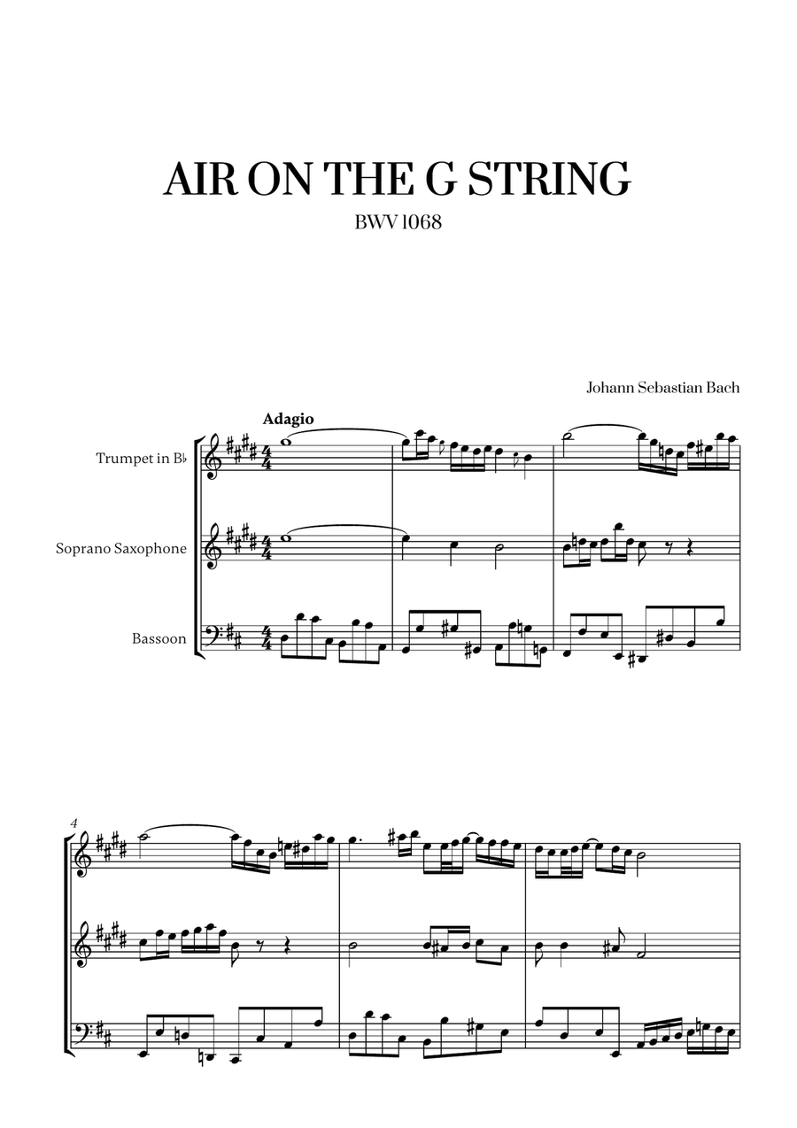 Johann Sebastian Bach - Air on the G String 2 (for Trumpet, Soprano Saxophone and Bassoon) Small Ensemble scores gallery preview page 1