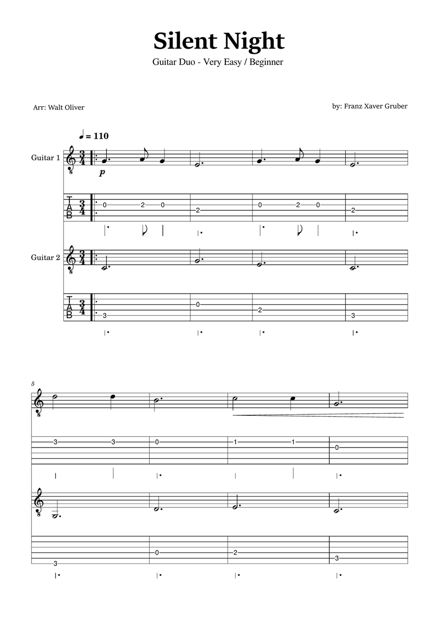 Silent Night for Guitar Duo (Very Easy - Beginner) - in C major - Notation and Tabs Guitar Tablature scores gallery preview page 1