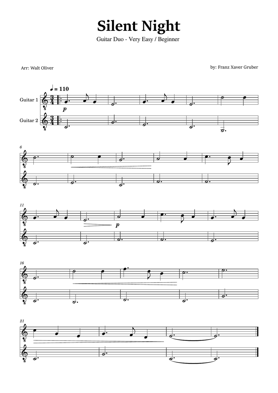 Silent Night for Guitar Duo (Very Easy - Beginner) - in C major Easy Guitar scores gallery preview page 1