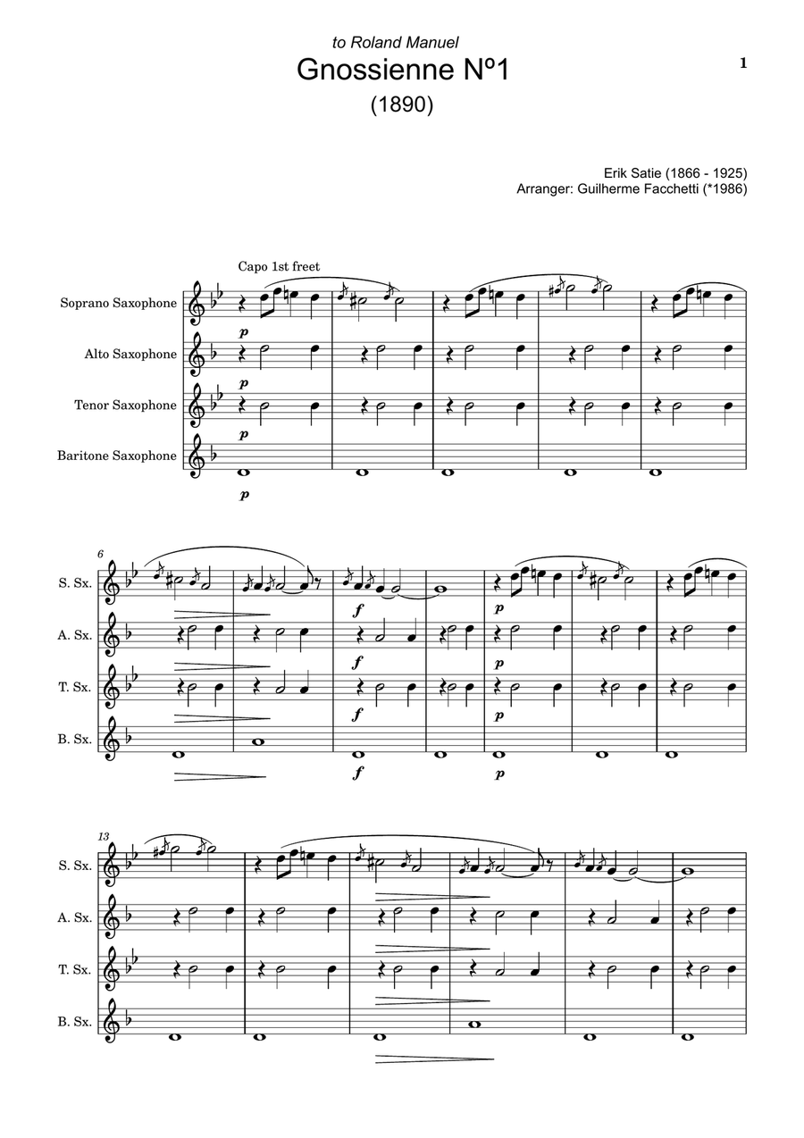 Six Gnossiennes. Three Gymnopédies - Arranged for Saxophone Quartet. Score and Parts. Saxophone Quartet scores gallery preview page 1