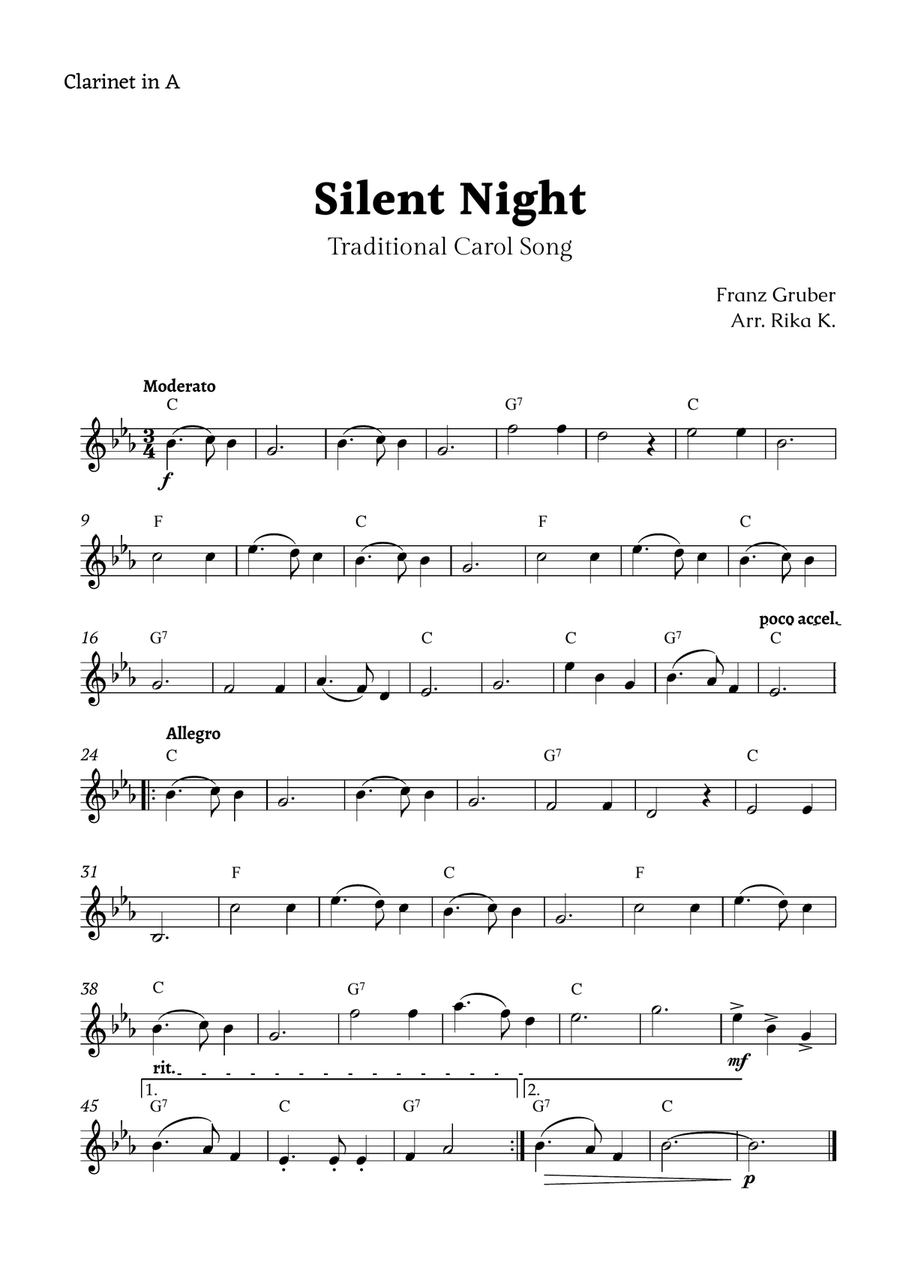 Silent Night for A Clarinet Solo A Clarinet scores gallery preview page 1