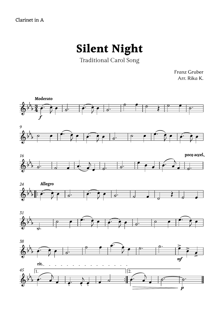 Silent Night for A Clarinet Solo A Clarinet scores gallery preview page 1
